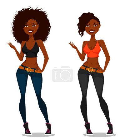 Ilustración de Cartoon illustration of a beautiful African American girl with natural hair. Attractive black woman in jeans, smiling and gesturing. Isolated on white. - Imagen libre de derechos