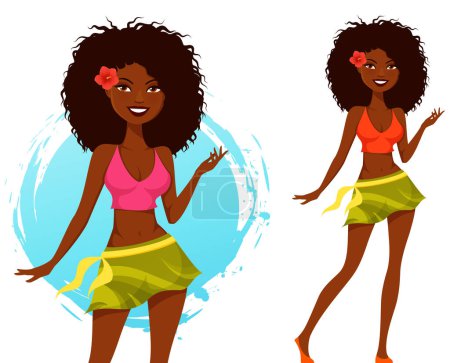 beautiful girl in colorful summer fashion. African American or Brazilian woman, smiling and dancing. Cartoon character, isolated on white.