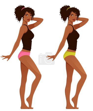 Illustration for Young African American woman in underwear, smiling and posing. Dieting or healthy lifestyle concept. Cartoon illustration, isolated on white. - Royalty Free Image