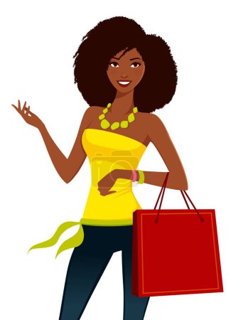 beautiful black woman in bright summer fashion, shopping. Smiling African American girl carrying a shopping bag. Lifestyle illustration. Isolated on white.