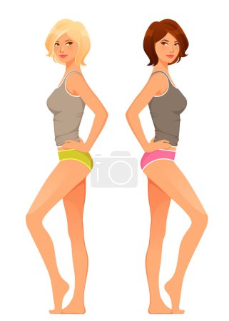 Illustration for Beautiful young woman in underwear, smiling and posing. Dieting or slimming concept. Cartoon illustration, isolated on white. - Royalty Free Image
