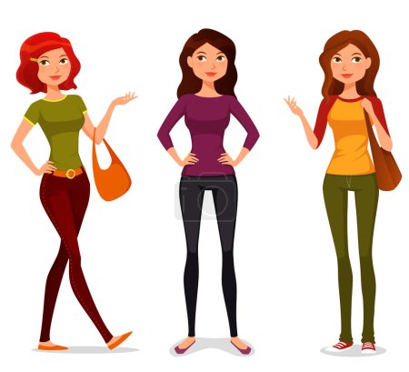 Illustration for Cute cartoon illustration of young girls in casual fashion, teenagers or students. Young women in jeans, smiling and gesturing. Isolated on white. - Royalty Free Image