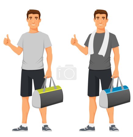 Illustration for Handsome young guy in sport or gym wear, smiling and giving thumbs up. Young man in t-shirt and shorts, carrying a sports bag. Health and fitness concept. Cartoon character. - Royalty Free Image