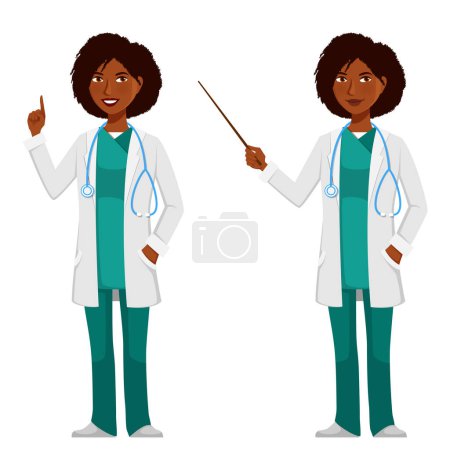 Illustration for Illustration of a friendly African American doctor wearing lab coat and stethoscope. Smiling black woman, working in health care. Cartoon character. Isolated on white. - Royalty Free Image