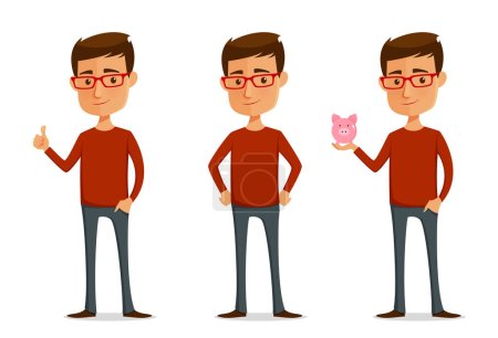 Ilustración de Friendly young man in casual clothing, smiling and giving thumbs up, standing with hands on hips or holding a piggy bank. Funny cartoon character, isolated on white. Vector eps file. - Imagen libre de derechos