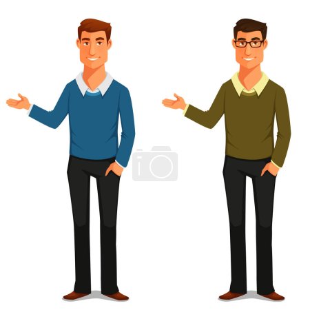 funny illustration of a friendly young man in sweater, gesturing. Cartoon character. Isolated on white. Vector eps file.