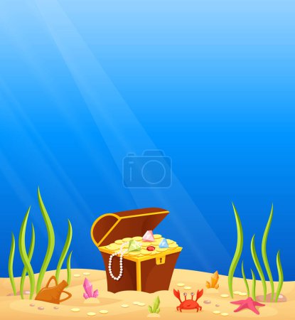 Illustration for Colorful cartoon illustration of a bottom of the sea with deep blue water and a treasure chest with gold, pearls and diamonds. Vector eps file. - Royalty Free Image