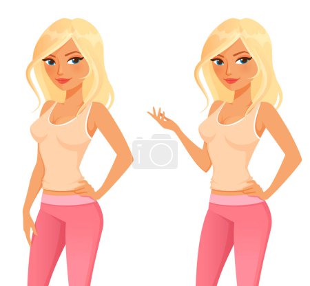 Foto de Cute cartoon character of a beautiful blonde woman in fitness clothing, a beige tank top and pink leggings, ready for workout in the gym. Healthy lifestyle or sport concept. Vector eps file. - Imagen libre de derechos