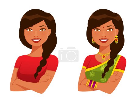 Illustration for Illustration of a young Indian woman with braided hair, wearing traditional Indian dress saree (sari), smiling with her arms crossed. Cartoon character. Vector eps file. - Royalty Free Image