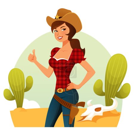 Illustration for Beautiful cowgirl in jeans and cowboy hat, smiling and giving thumbs up. Simple desert or prairie background. Retro style illustration of a country or rodeo woman. - Royalty Free Image