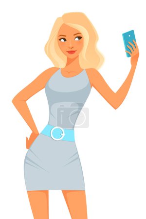 Téléchargez les illustrations : Jolie fille blonde posant et prenant un selfie. Un personnage de bande dessinée. Isolé sur blanc. Illustration de style de vie. - en licence libre de droit