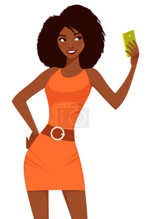Illustration for Beautiful black girl posing and taking selfie. Vain young woman taking photo with her cell phone. Cartoon character. Isolated on white. Lifestyle illustration. Vector eps file. - Royalty Free Image