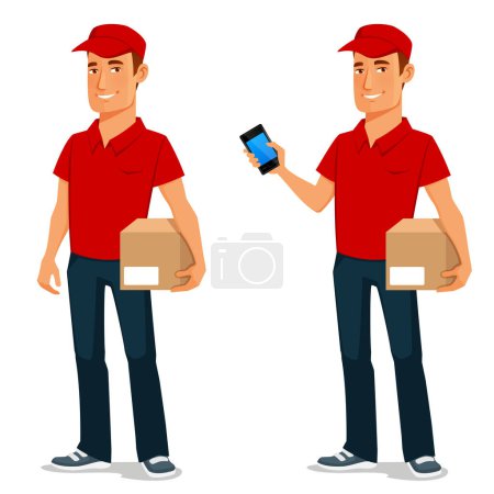 amable joven con uniforme rojo, sosteniendo una caja para la entrega. Trabajador de servicio de mensajería, sosteniendo un teléfono móvil mientras entrega el paquete.