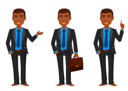 funny illustration of a young African American businessman wearing elegant black suit and blue shirt. Successful manager, advisor or lawyer, smiling and gesturing. Cartoon character, isolated on white. Hand-drawn vector illustration.