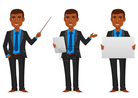 funny illustration of a young African American businessman wearing elegant black suit and blue shirt. Successful manager, advisor or lawyer, smiling and gesturing. Cartoon character, isolated on white. Hand-drawn vector illustration.