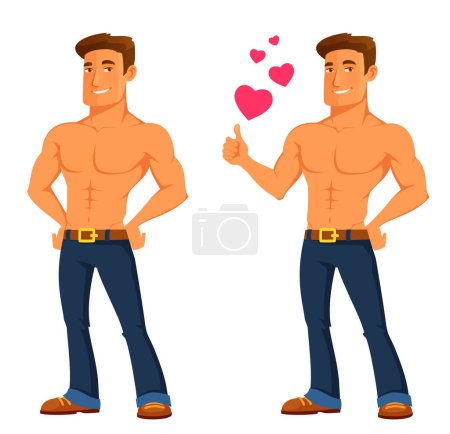strong handsome man showing off his muscular body while wearing only jeans. Cute athletic guy with a confident smile. Funny cartoon character, isolated on white. Hand-drawn vector illustration.