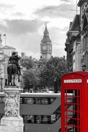 Photo for View from the Trafagar square to Big Ben with double decker bus and booth in London, England, UK - Royalty Free Image
