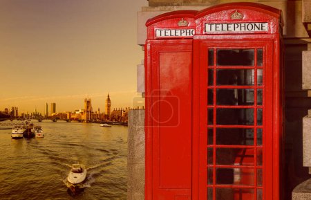 Photo for London symbols with BIG BEN and red Phone Booths in England, UK - Royalty Free Image