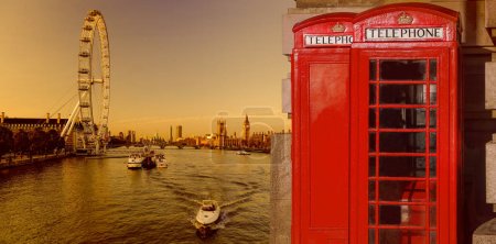 Photo for London symbols with BIG BEN and red Phone Booths in England, UK - Royalty Free Image