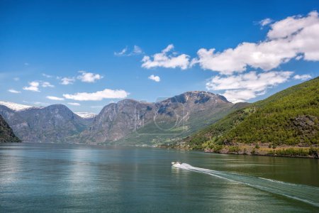 Photo for Port of Flam with tourist boat in the fjord, Norway - Royalty Free Image