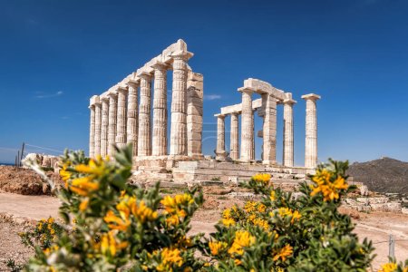 Cape Sounion with ruins of an ancient Greek temple of Poseidon in Attica, Greece