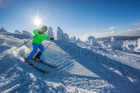 Téléchargez les photos : Skier skiing downhill in high mountains against against the fairytale winter forest. - en image libre de droit