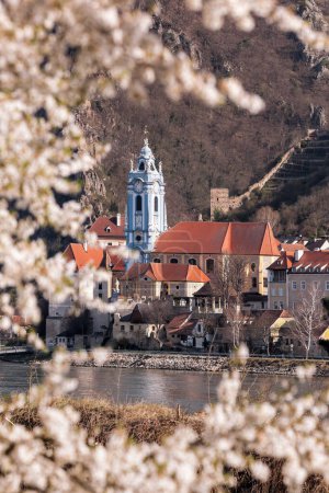 Téléchargez les photos : Village de Durnstein au printemps avec le Danube dans la vallée de Wachau (UNESCO), Autriche - en image libre de droit
