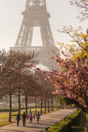 Téléchargez les photos : Tour Eiffel avec des personnes se promenant dans le parc du printemps à Paris, France - en image libre de droit