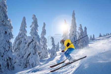 Photo for Skier skiing downhill in high mountains against the fairytale winter forest. - Royalty Free Image
