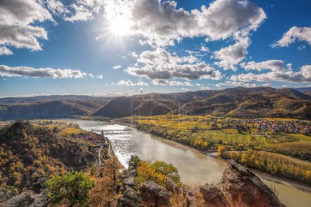 Photo for Panorama of Wachau valley (UNESCO) during autumn with Danube river near the Durnstein village in Lower Austria, Austria - Royalty Free Image