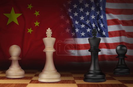 Piezas de ajedrez a bordo y banderas chinas y americanas sobre fondo. Guerra comercial