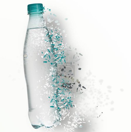 Photo for Bottle of water vanishing on white background. Decomposition of plastic pollution - Royalty Free Image