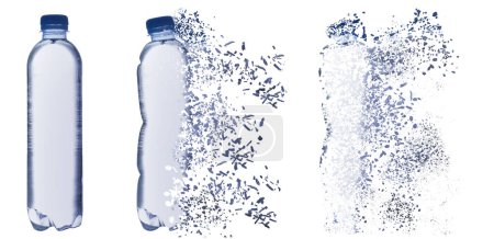 Set mit Wasserflaschen, die auf weißem Hintergrund verschwinden. Zersetzung von Plastikverschmutzung, Banner-Design