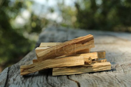 Téléchargez les photos : Palo santo bâtons sur table en bois à l'extérieur, gros plan - en image libre de droit