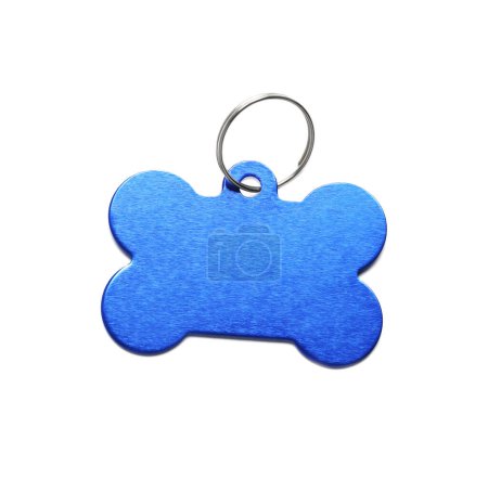Photo for Blue metal bone shaped dog tag with ring isolated on white - Royalty Free Image