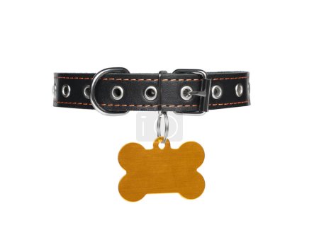 Photo for Black leather dog collar with bone shaped tag isolated on white - Royalty Free Image