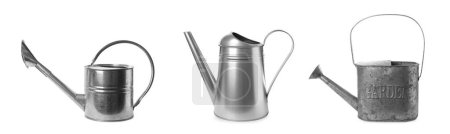 Photo for Set with different watering cans on white background. Banner design - Royalty Free Image