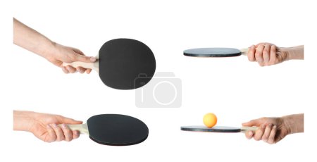 Téléchargez les photos : Collage avec des photos de femmes tenant des raquettes et des balles de ping-pong sur fond blanc - en image libre de droit