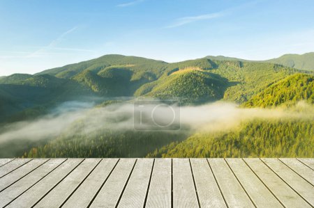 Foto de Superficie de madera vacía y hermosa vista del bosque en las montañas brumosas - Imagen libre de derechos