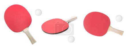 Téléchargez les photos : Ensemble avec raquettes de ping-pong et balles sur fond blanc. Conception de bannière - en image libre de droit