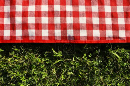 Foto de Checkered picnic tablecloth on fresh green grass, top view. Space for text - Imagen libre de derechos