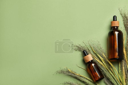 Photo for Bottles of face serum and dried flowers on light green background, flat lay. Space for text - Royalty Free Image