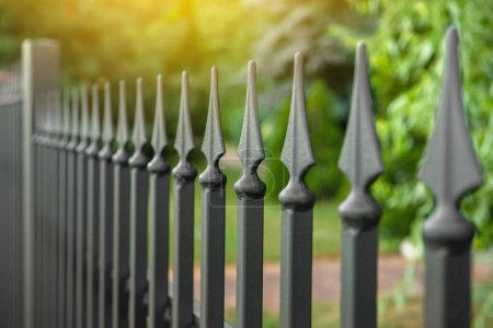 Photo for Railing of beautiful black iron fence outdoors, closeup - Royalty Free Image