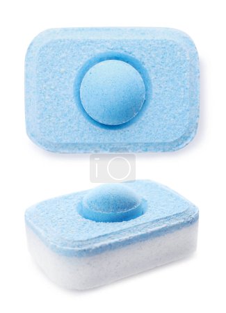 Photo for Blue water softener tablets on white background - Royalty Free Image