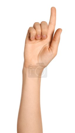 Téléchargez les photos : Femme pointant quelque chose sur fond blanc, gros plan de la main - en image libre de droit