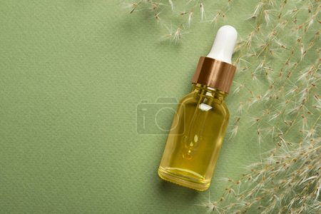 Photo for Bottle of face serum and dried flowers on light green background, flat lay. Space for text - Royalty Free Image