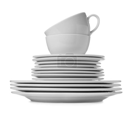 Photo for Set of clean dishware isolated on white - Royalty Free Image