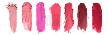 Photo for Smears of different beautiful lipsticks on white background, top view. Banner design - Royalty Free Image