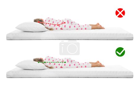Photo for Collage with photos of girl lying on mattress. Wrong and correct sleeping posture. Choose right mattress - Royalty Free Image