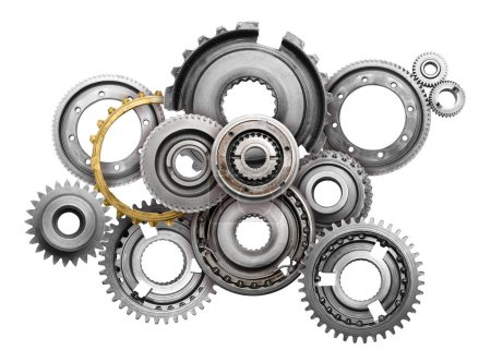 Photo for Set with different stainless steel gears on white background, top view - Royalty Free Image